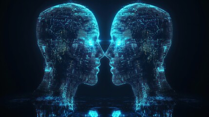 Two glowing, digital human heads, facing each other, close proximity
