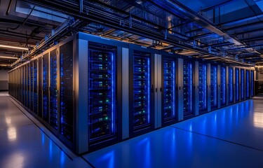 Modern data center with rows of glowing blue server racks illuminated by overhead lighting creating a futuristic technological environment
