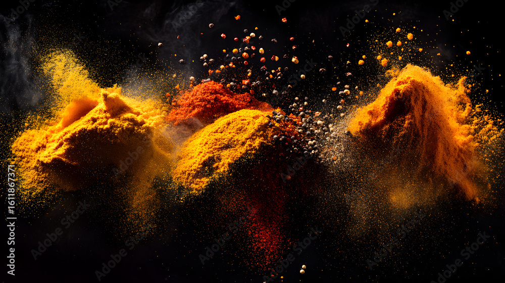 Wall mural piles of spices exploding on a black background