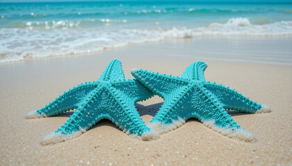 Two Teal Starfish on Sandy Beach Near Turquoise Ocean Waves starfishes turquoise starfish