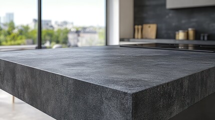 Close-up of a dark gray stone countertop in a modern kitchen, overlooking a city view