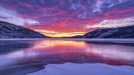 Frozen lake at dawn, vibrant sunset reflecting on still water, mountains in the background