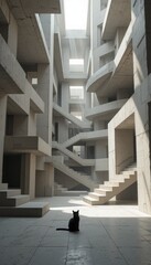 Black cat in concrete labyrinth animal architecture