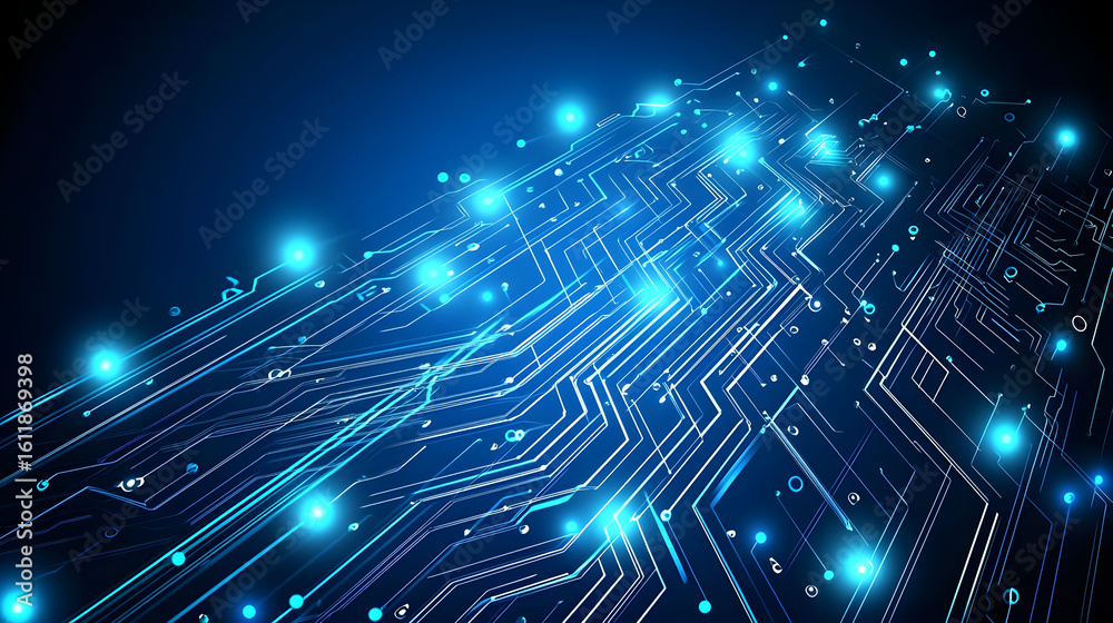 Wall mural abstract circuit board, glowing with blue light, illustrating technology and data flow. complex netw