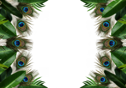 Peacock feathers and green leaves frame, decorative border isolated on transparent background