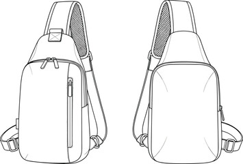 Modern sling crossbody backpack design, technical vector sketch, detailed cad illustration, front and back view, wearable gear accessory mockup