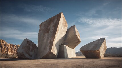Large Geometric Concrete Sculptures in Desert Landscape Under Blue Sky