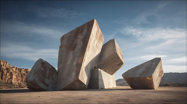 Large Geometric Concrete Sculptures in Desert Landscape Under Blue Sky