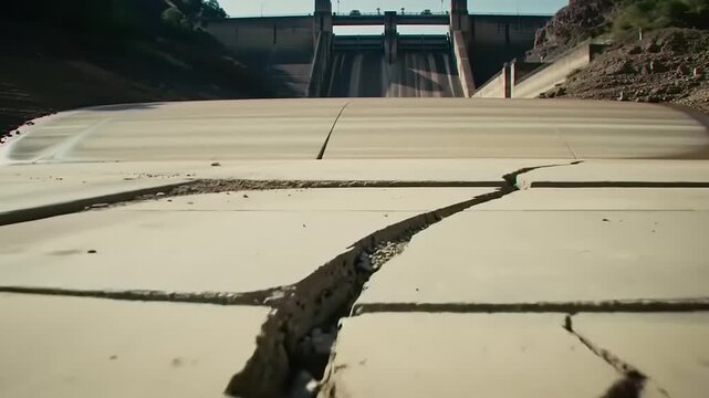 Dried-up reservoir bed, cracked concrete