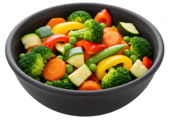 Bowl filled with fresh mixed vegetables, including broccoli, carrots, peppers, and zucchini isolated on transparent background