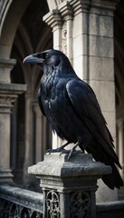 Fototapeta premium Black raven perched on stone bird