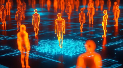 Abstract digital representation of a diverse group of glowing human figures in a futuristic network of interconnected glowing circuits and data streams