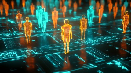Futuristic digital network of glowing human silhouettes representing global connectivity and artificial intelligence in a vibrant technological landscape