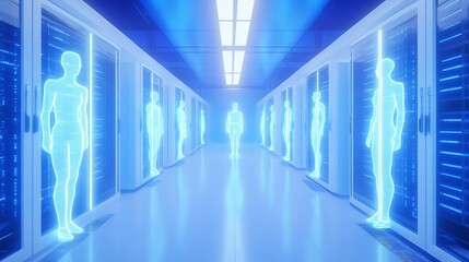 Futuristic sci fi corridor with glowing blue humanoid figures encased in transparent pods creating a sense of advanced technology and mystery