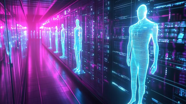 Futuristic digital humanoids glowing with neon blue light stand in a surreal corridor with vibrant pink and purple futuristic lighting and data streams