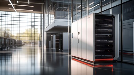Modern server rack with sleek metallic casing and glowing orange accents in a bright contemporary data center hallway