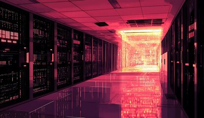 Illuminated server room corridor with rows of glowing computer racks and a bright light at the end of the hallway