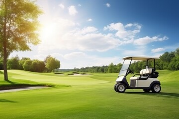 Golf cart is waiting for golfers on a green golf course on a sunny day