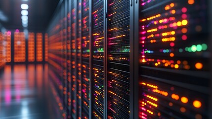 Rows of illuminated server racks with blinking lights creating a vibrant digital atmosphere in a modern data center hallway
