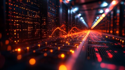 Abstract futuristic cityscape with glowing orange lines representing data flow and digital connections in a vibrant technological environment