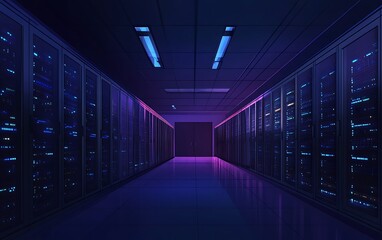 Illuminated server room corridor with rows of racks and blue and purple ambient lighting creating a futuristic atmosphere