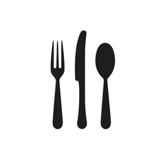 Black tableware, a fork, a knife, and a spoon on a transparent background