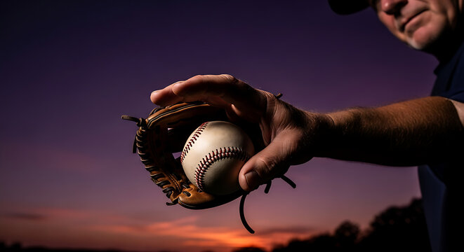 Close up of a baseball player's hand in a glove catching a baseball at sunset with a dramatic sky - Powered by Adobe