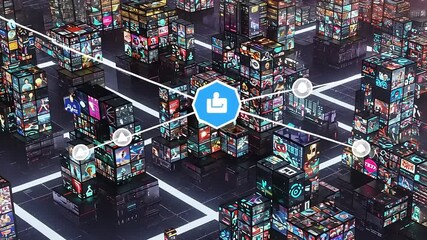 Digital landscape showcasing interconnected media blocks with vibrant visuals and technology elements - Powered by Adobe