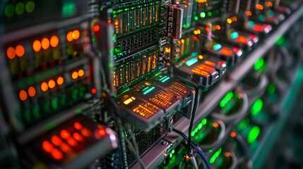 Fototapeta premium Close up of a complex electronic circuit board with many glowing colorful lights and intricate wiring in a dark environment