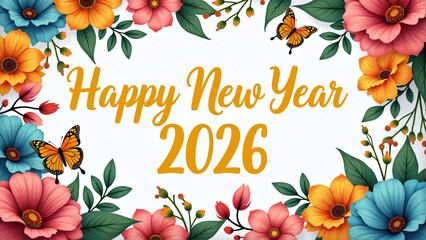 Golden “Happy New Year 2026” with colorful floral border.
