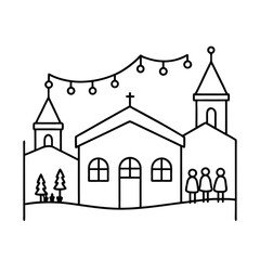 Snowy town square filled with joyful Christmas carolers line art vector illustration