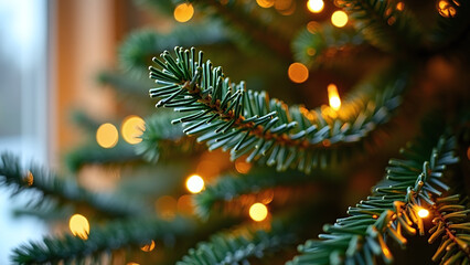 Christmas pine branch with warm glowing lights and festive ambiance.

