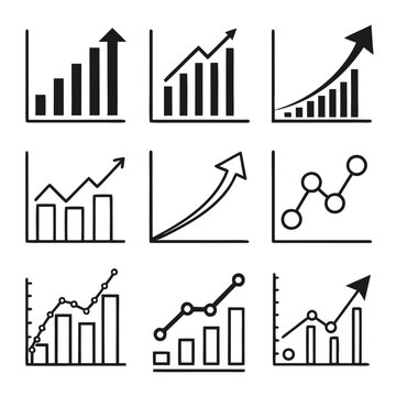 Nine black and white line graph icons showing upward trends and data points chart statistics