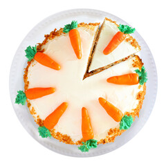 Homemade carrot cake with cream cheese frosting and fondant carrots. Top view isolated on a white background.