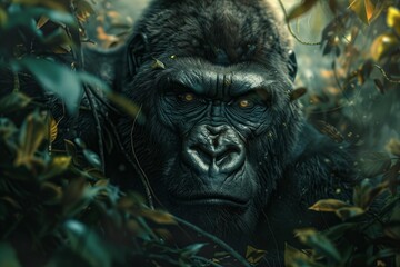 Majestic gorilla hidden in the jungle is staring with intense gaze
