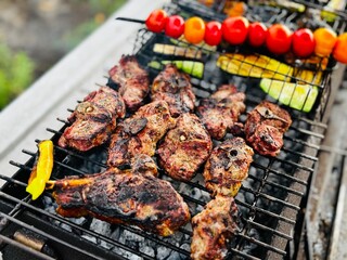 barbecue grilled meat and vegetables