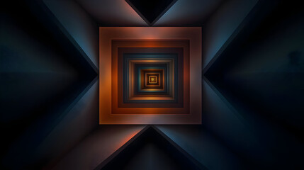 A mesmerizing tunnel of nested squares, with a gradient of warm colors leading to a bright center.  Dark, geometric shapes frame the passage