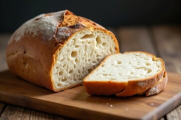 Golden Brown Organic Bread Slice Detail Rustic Kitchen Board Photography ai generated