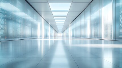 Obraz premium Futuristic bright modern glass corridor with reflective floor and ceiling lights creating a sense of depth and innovation