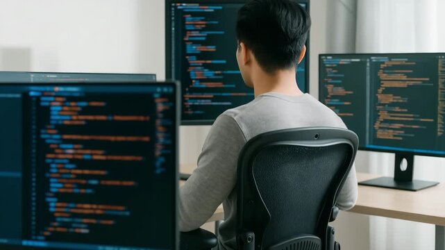 Software Developer Coding at Multi-Monitor Workstation, Modern Tech Office and Programming Environment Captured in High Detail