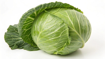 Obraz premium Whole green cabbage showing its natural texture and color, isolated on a white surface.