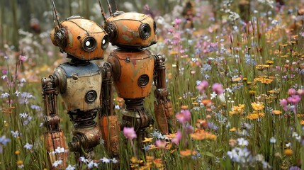 Naklejka premium Two Rusty Vintage Robots Standing in Colorful Flower Field with Bright Natural Lighting