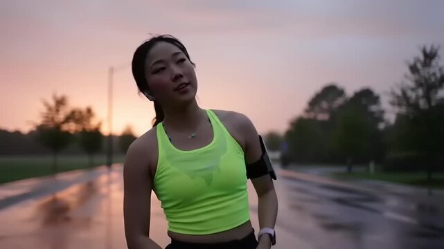 Woman in neon yellow workout top, at sunset, outdoors
