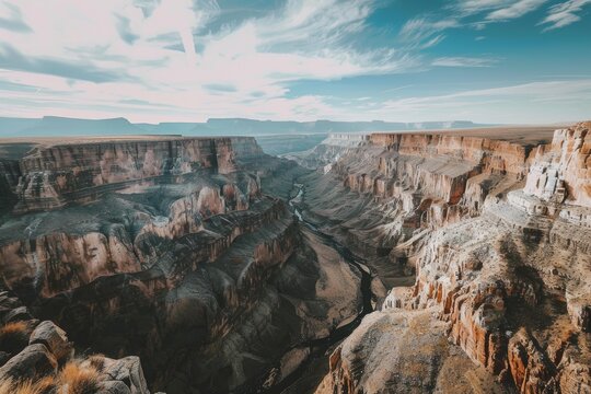 Breathtaking aerial view of the grand canyon, showcasing its colorful rock formations and the colorado river winding through the deep gorge - Powered by Adobe