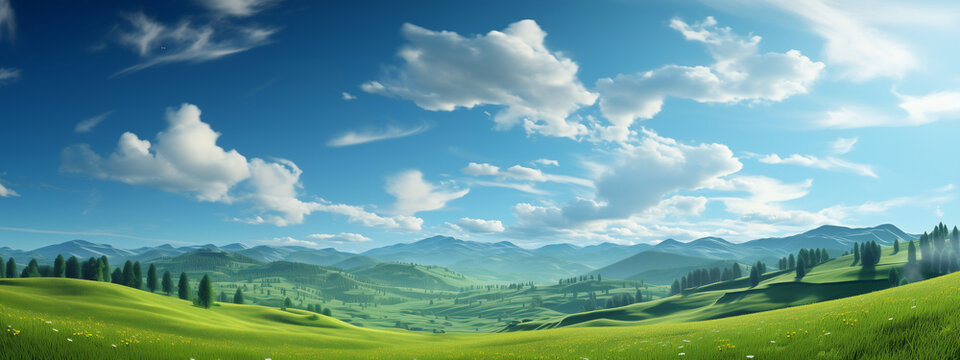 A beautiful panoramic illustration of idyllic rolling green hills under a bright blue sky, perfect for fantasy backgrounds or peaceful landscape concepts