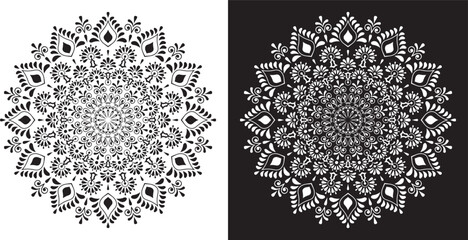 Black and white floral lace pattern with vintage ornate decoration. Intricate Black and White Mandala Design with Detailed Floral Patterns on Contrasting Backgrounds