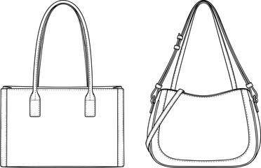 Women tote and shoulder bag CAD illustration, technical fashion sketch, front view vector design, handbag template for accessory design