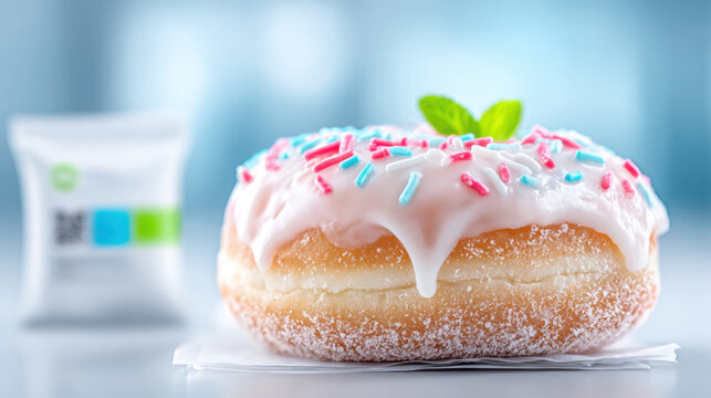 Donut factory, A QR code on donut packaging linking to its origin information. - Powered by Adobe