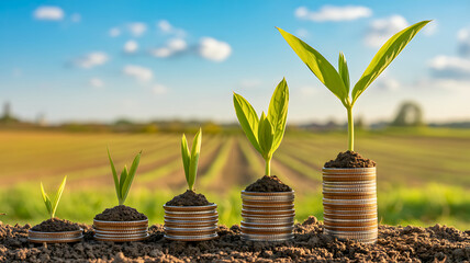 Concept of financial growth and savings with green plants growing on increasing stacks of coins against a farm field background