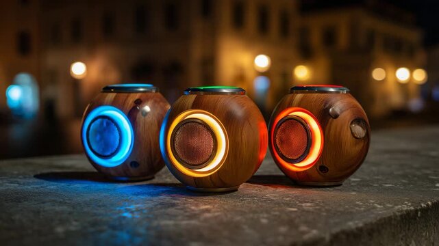 Glowing Wooden Bluetooth Speakers at Night Portable Audio Lifestyle
